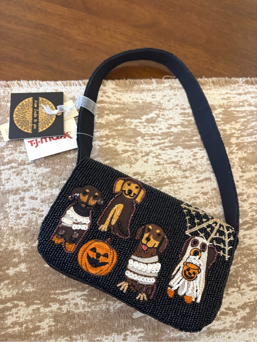 TJ Maxx Black Beaded Mini Shoulder Bag with Halloween Dog Motifs